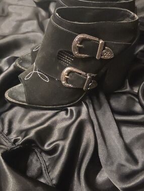 Women's Black Suede Open-Toe Ankle Booties By NIGHT WALKER